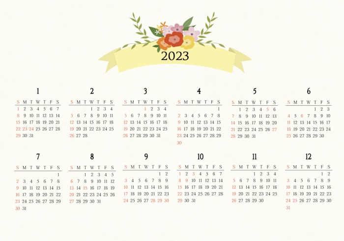 2023년 12개월 달력 꽃 일러스트 이미지