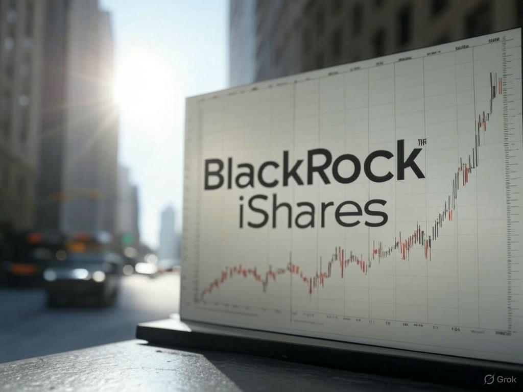 BlackRock iShares를 소개하는 블로그 이미지, iShares 로고와 IVV 차트, 미국 주식시장 배경, 저비용(달러 아이콘)을 상징하는 밝은 디자인
