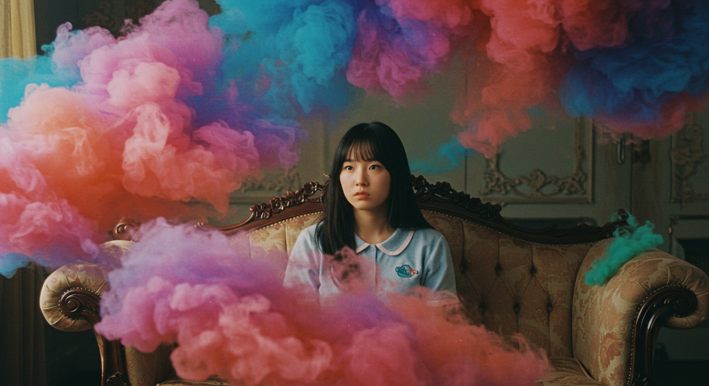 한 여성이 소파에서 의식이 깬 자각몽을 꾸는 그림이다.