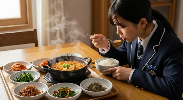 전 여학생이 아침 학교 가기 전 식탁에 앉아 두부김치찌개와 다양한 반찬, 밥을 맛있게 먹고 있는 모습.