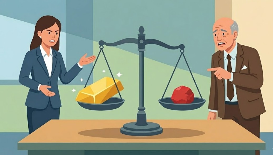 거대한 금괴가 올려진 쪽보다 아주 작은 붉은 돌멩이가 올려진 쪽으로 양팔 저울이 무겁게 기울어져 있고, 금괴를 제안하는 직원 앞에서 돌멩이를 보며 전전긍긍하는 상사의 모습을 통해 이익보다 손실을 훨씬 크게 느끼는 심리를 묘사