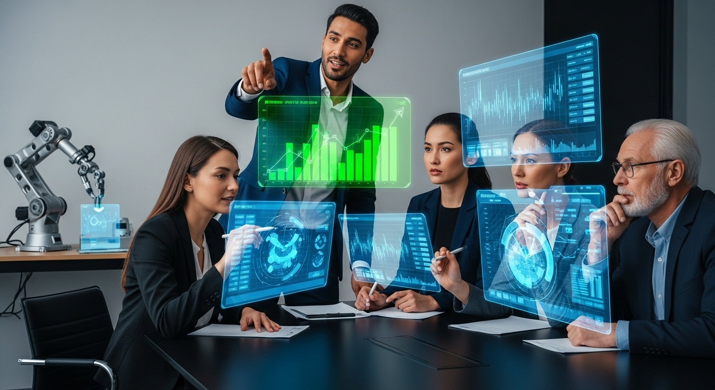 투자자들이 로봇 산업 데이터와 주식 차트를 분석하는 모습.