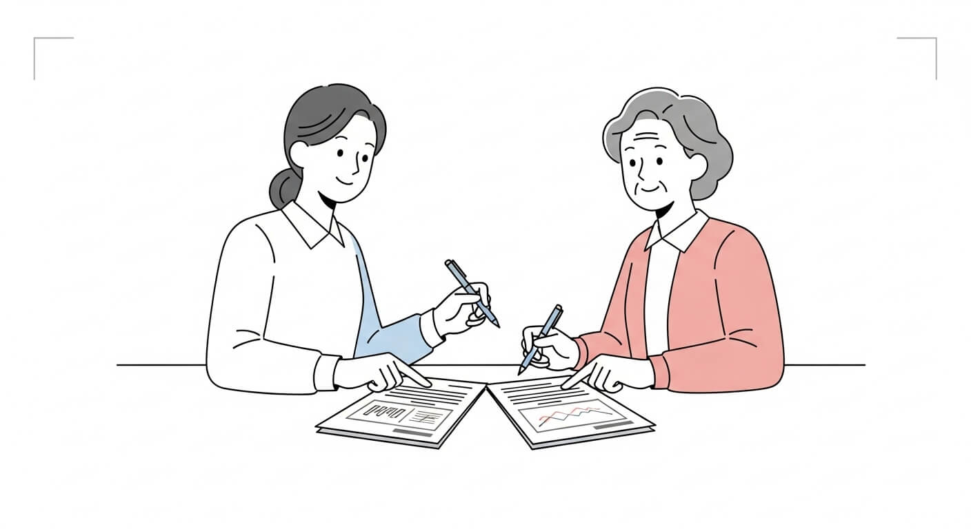 소득인정액 계산을 위해 서류를 검토하는 공무원과 어르신의 상담 장면 노부부가 노트북으로 연금 기준표를 확인하고, 수급 여부를 살펴보는 장면 2