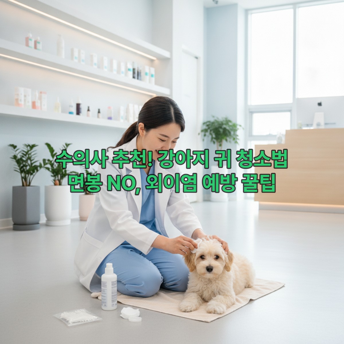 수의사가 강아지 귀 세정제로 귀 청소하는 올바른 방법을 보여주는 모습