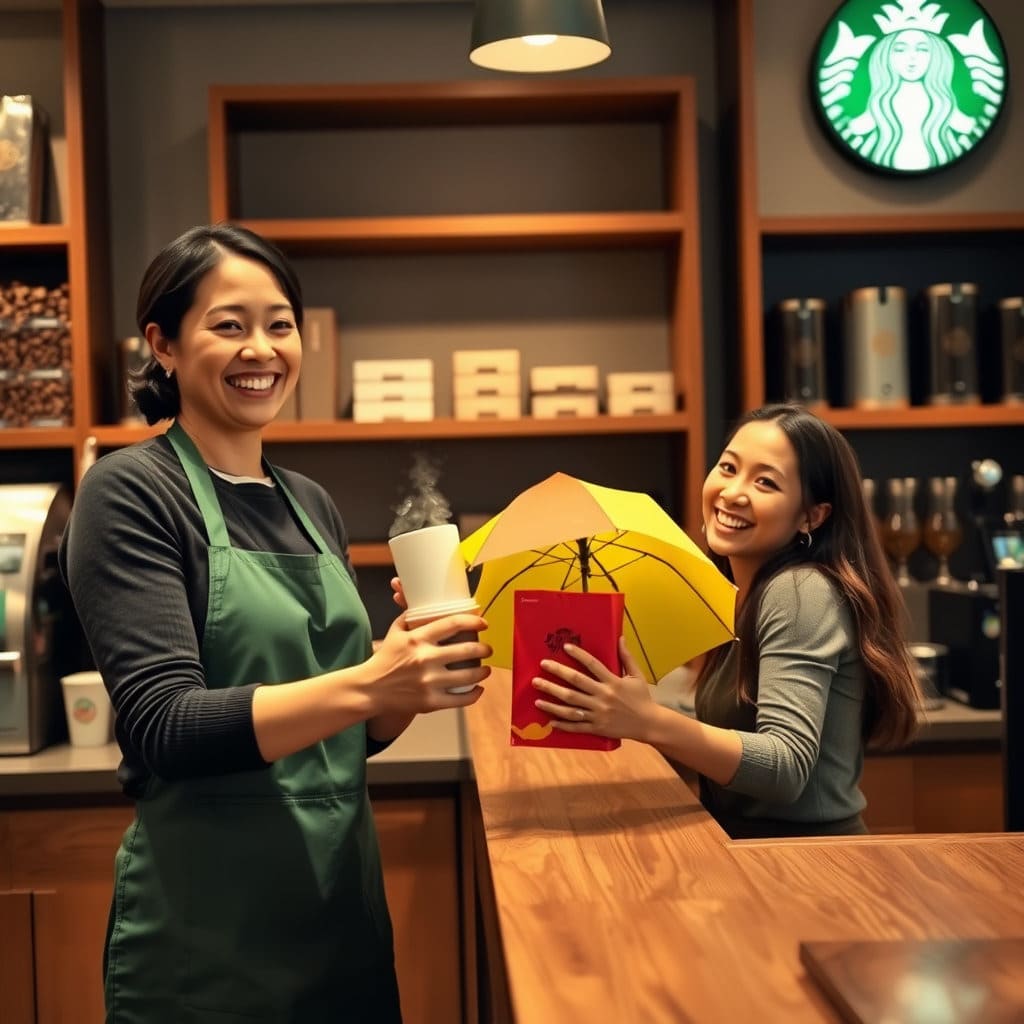 스타벅스 매장에서 매장 직원에게 직접 커피를 주문하고 우산을 받는 장면입니다.
