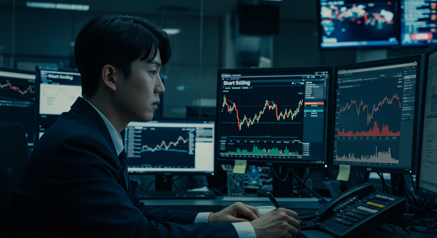 공매도 데이터와 차트를 분석하는 한국 주식 투자자의 데스크 환경