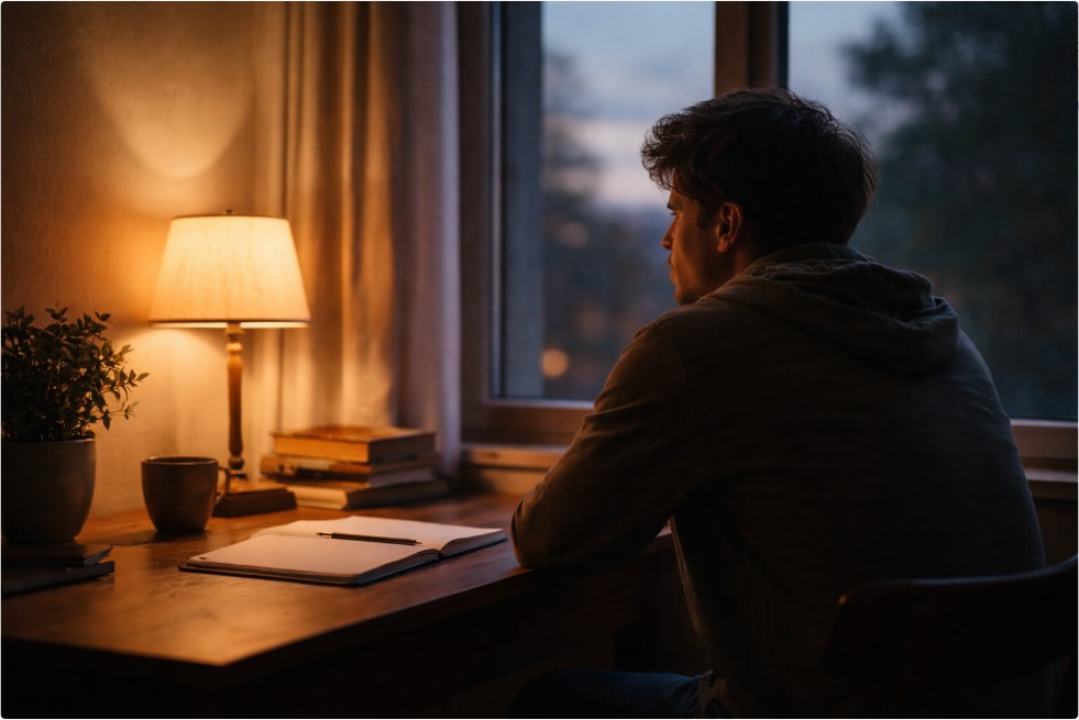 조용한 저녁 창가에 앉아 자신의 선택 기준을 돌아보는 모습
