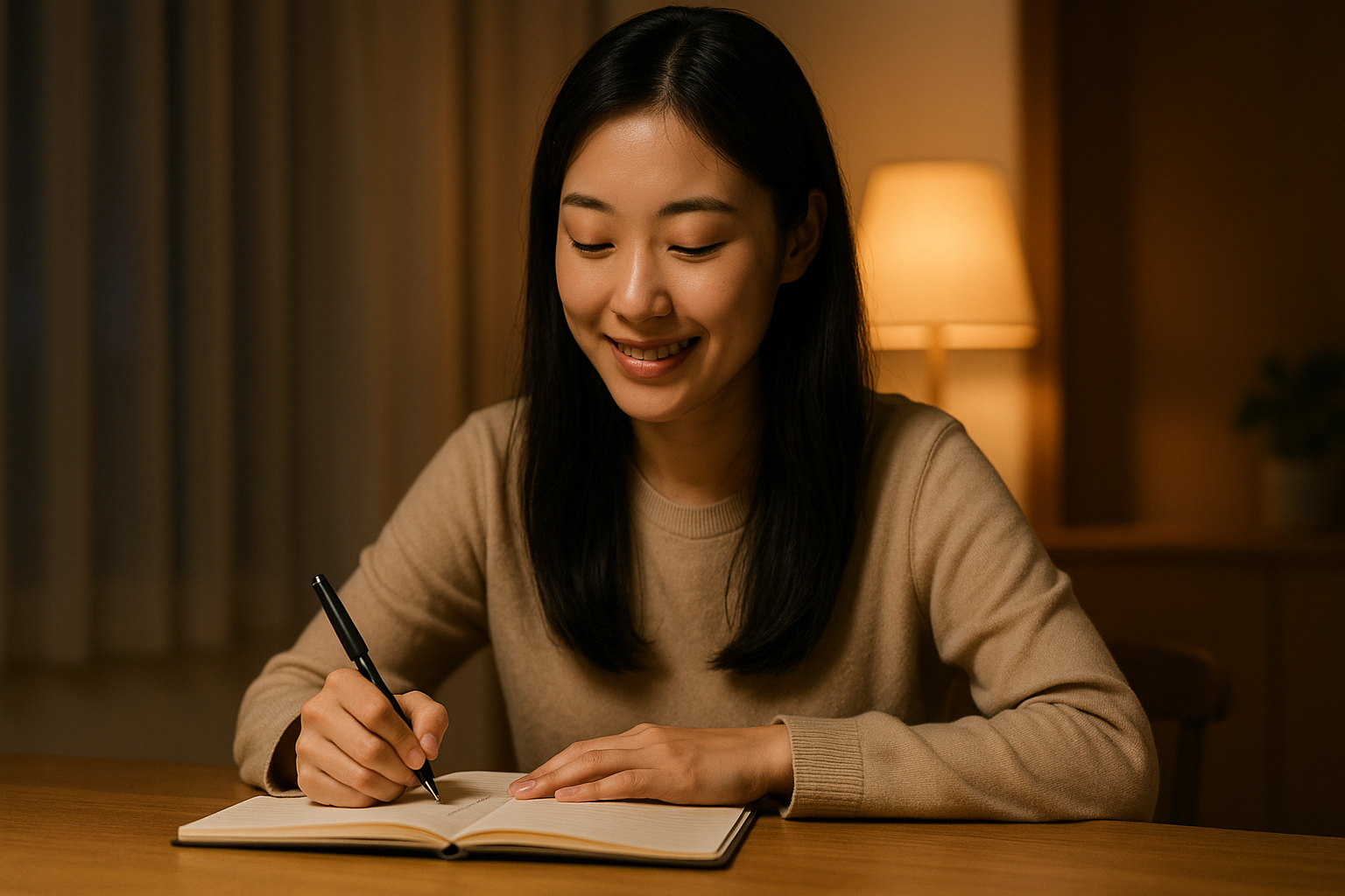 하루 중 감사일기를 작성하고 있는 여성