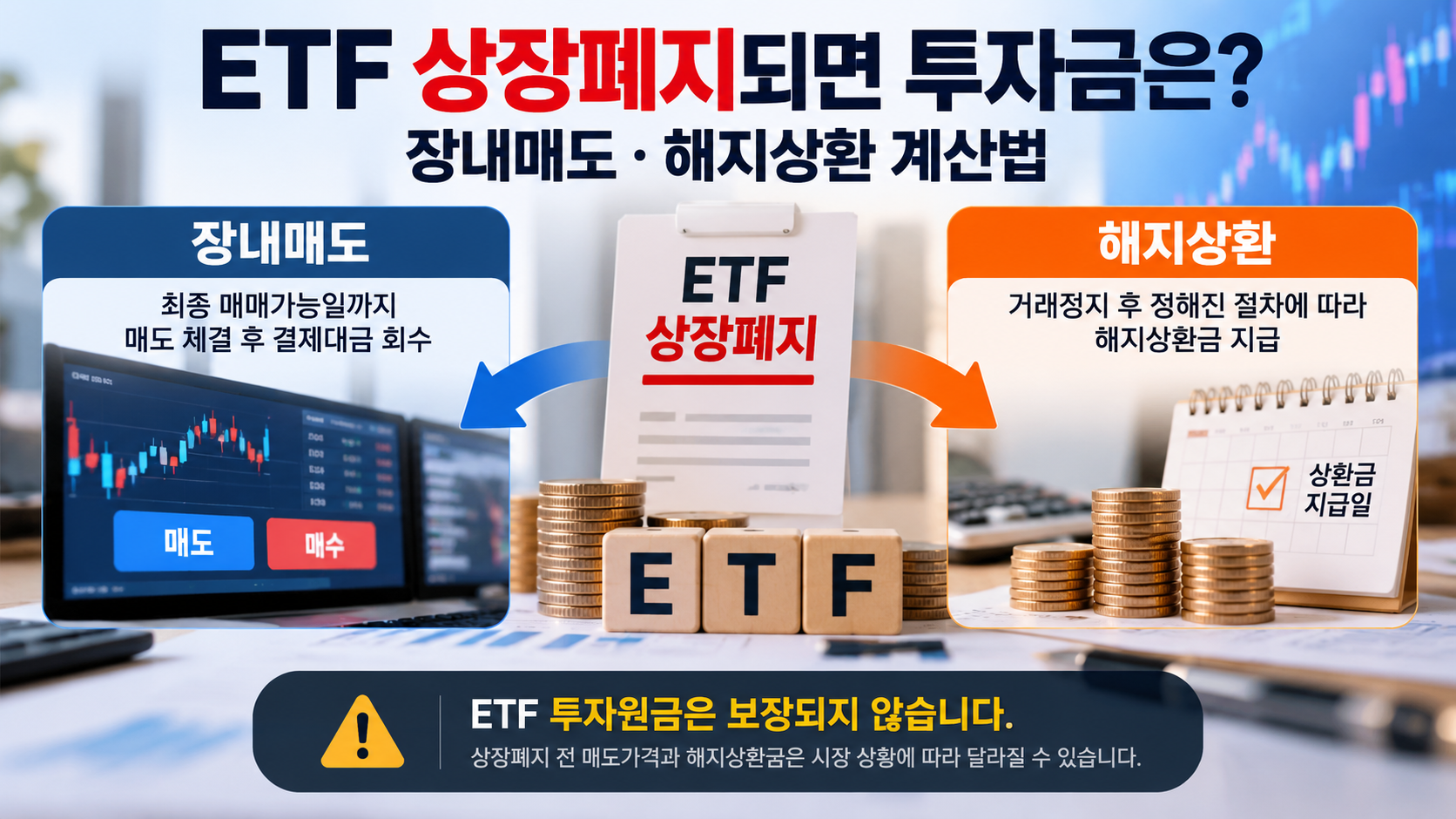 ETF 상장폐지 시 장내매도와 해지상환을 통한 투자금 회수 방법 및 투자원금 비보장 안내
