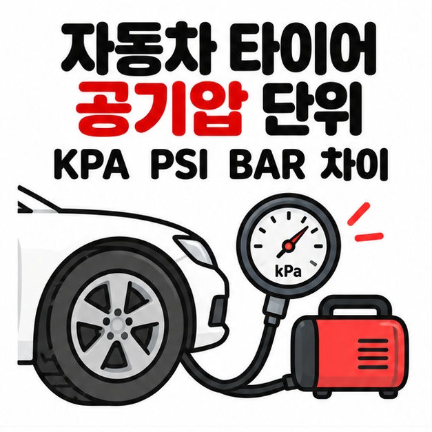 자동차 타이어와 공기압 게이지 아이콘 옆에 자동차 타이어 공기압 단위 KPA PSI BAR 차이 문구를 크게 보여주는 대표 카드