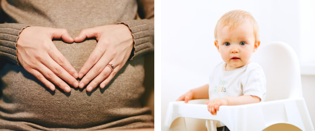 임신부가 배 위에 자신의 엄지와 손가락을 맞대어 하트모양을 만든 사진, 아기가 유아용 의자에 앉아있는 사진