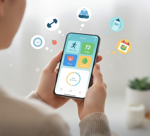 건강관리를 위해 스마트폰 앱을 활용하는 사람의 모습