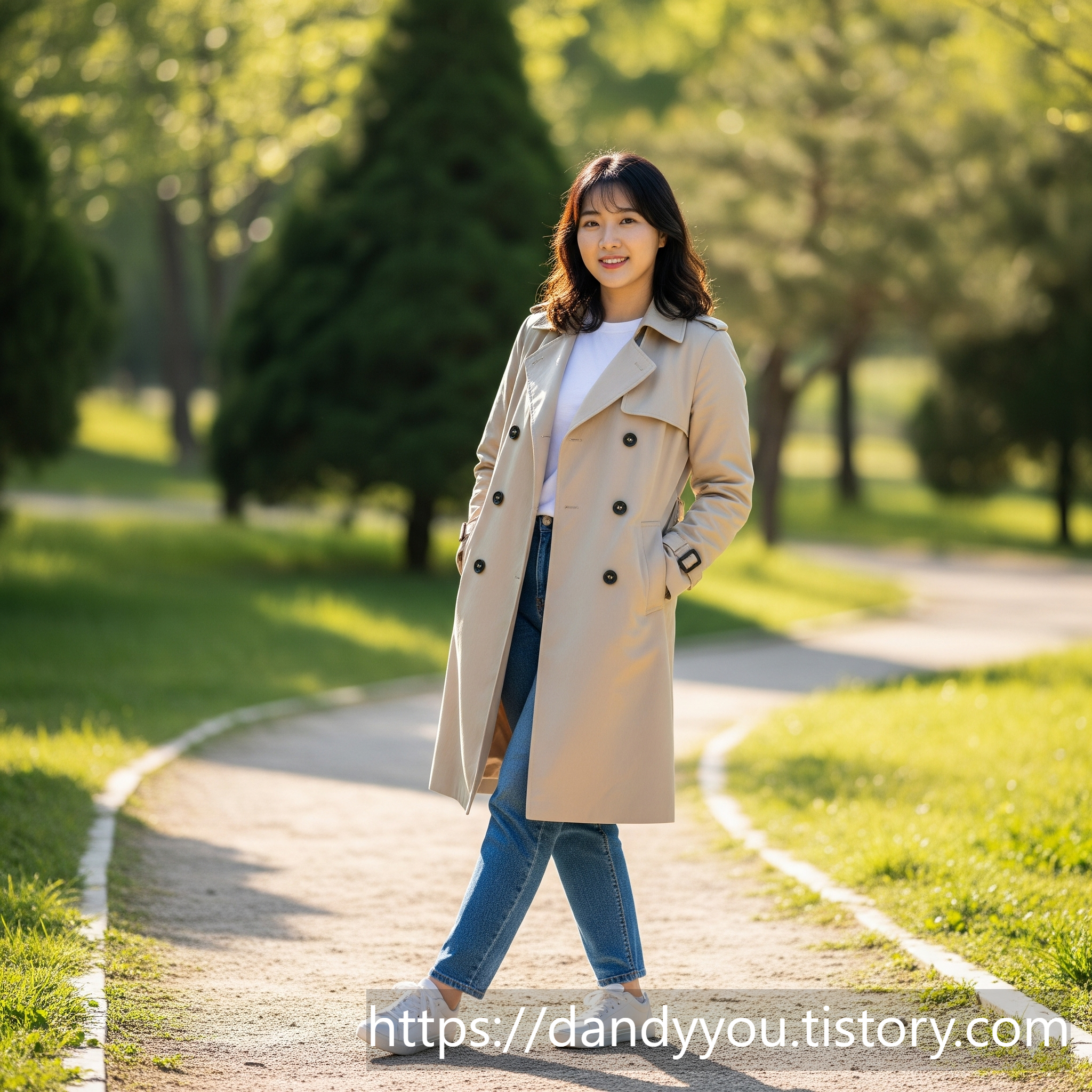 트렌치코트 + 청바지 + 스니커즈 패션 코디