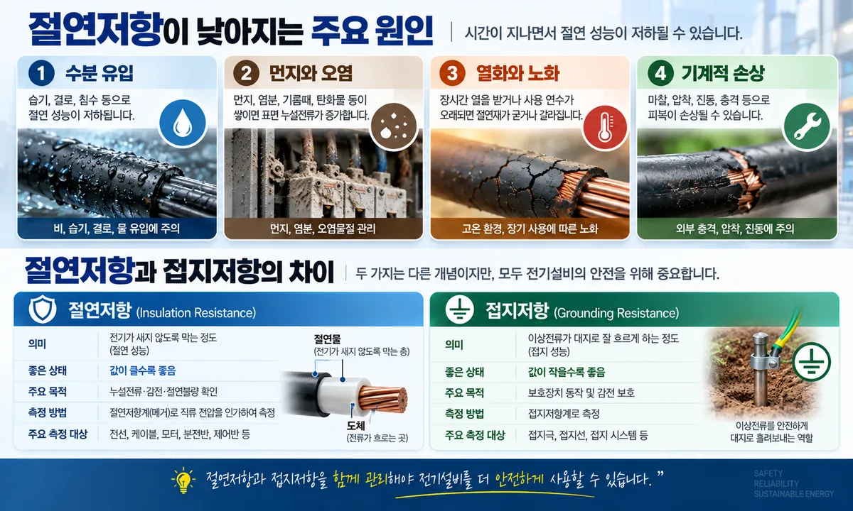 절연저항 저하 원인과 절연저항 및 접지저항의 차이를 비교한 인포그래픽