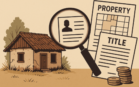 "농촌 빈집 소유자 찾기를 표현한 일러스트, 낡은 시골 집 옆에 돋보기가 주민 정보와 부동산 서류를 확대해 보여주고, 토지 문서와 동전이 함께 배치된 디자인"