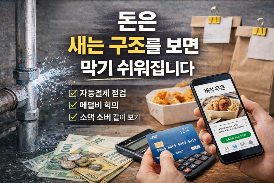 1. 2026 돈 새는 습관 10가지를 점검하기 위해 자동결제, 배달비, 소액 반복소비 구조를 한눈에 보여주는 이미지