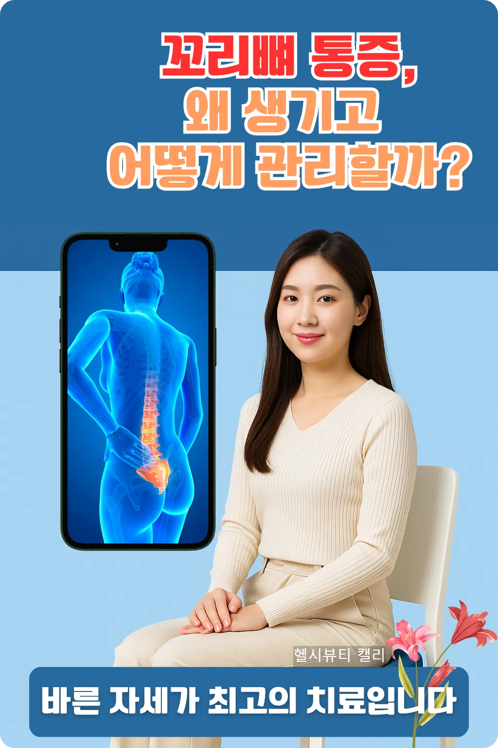 척추 X-ray 이미지와 함께 의자에 바르게 앉은 강남 여성, 꼬리뼈 통증 인포그래픽