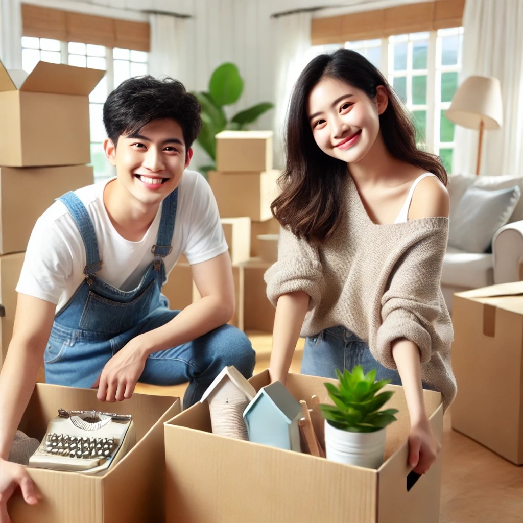 신혼부부가 환하게 미소지으며 짐 정리하는 모습