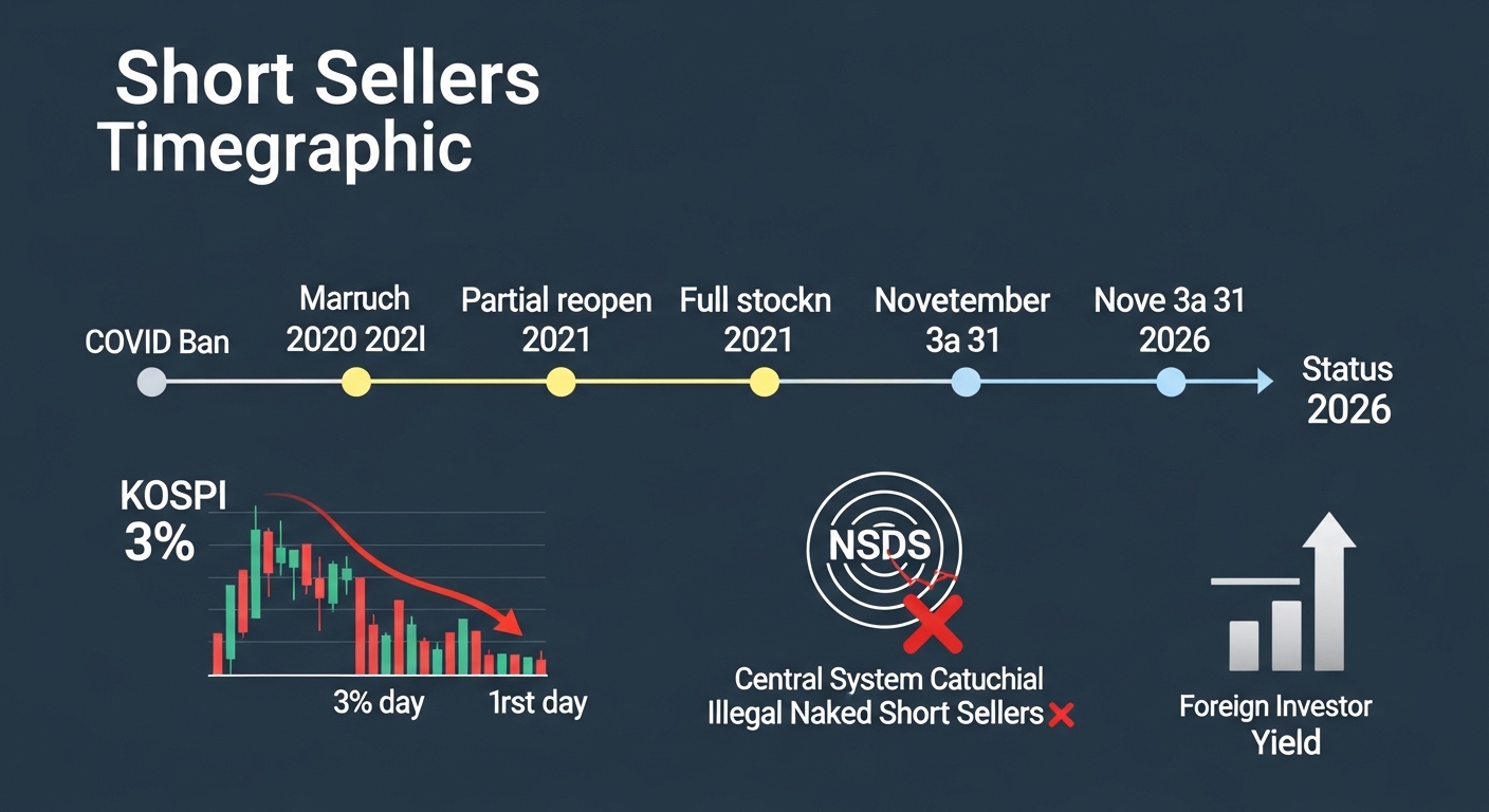 Short Sellers Korea Timeline Infographic Dark Blue Gray Background, Horizontal Timeline COVID ban in March 2020, partial reopening in May 2021, full reopening in November 2023, all stocks on March 31, 2026, status as of 2026, milestones annotated in Korean, central NSDS system icon radar screen catching illegal Naked Short Sellers Red X, left KOSPI chart down 3% first day, right foreign investor yield arrow up, professional clean infographic