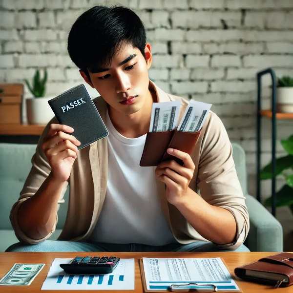 두 통장을 비교하며 고민하는 동양인 청년의 실제 재테크 장면