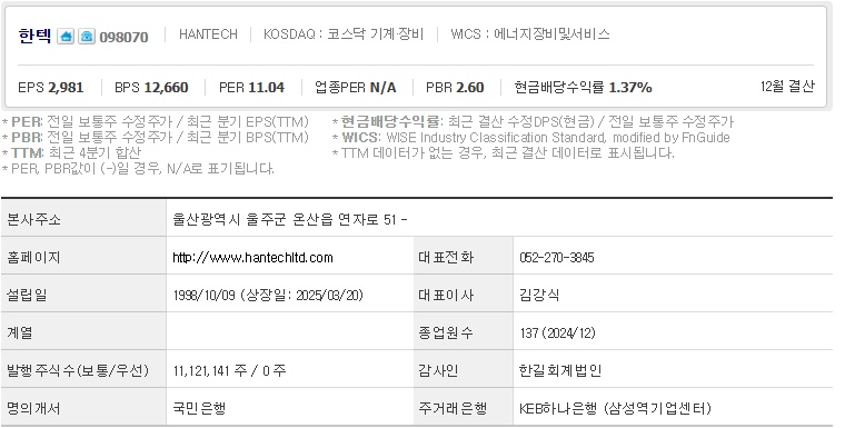 한텍 주가 기업개요 (0410)