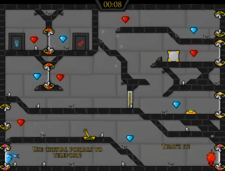 파이어보이-앤-워터걸4-크리스탈템플-게임하기-플레이-물소녀가-순간-이동-장치를-통과하는-화면