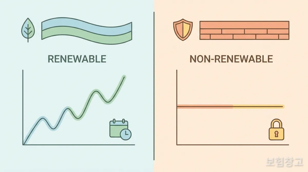 갱신형과 비갱신형 보험료 변화를 비교하는 인포그래픽