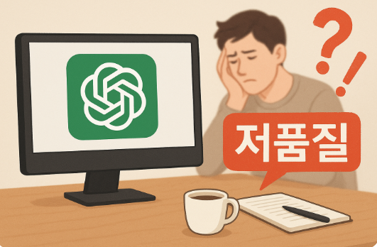 컴퓨터 화면에 떠 있는 챗GPT 로고와 함께, 고뇌하는 블로거의 모습이 배경에 흐릿하게 보이는 이미지. '저품질'이라는 글자가 빨간색 경고 표시처럼 떠오르거나, 물음표와 느낌표가 역동적으로 표현된 일러스트