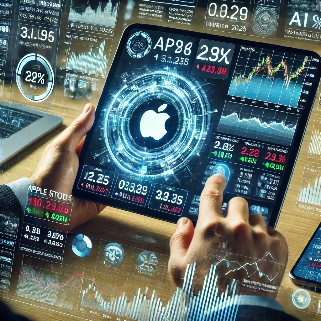 "2025년 3월 5일 애플(AAPL) 주식 시장 데이터를 분석하는 투자자와 AI 기반 주식 예측 그래프."