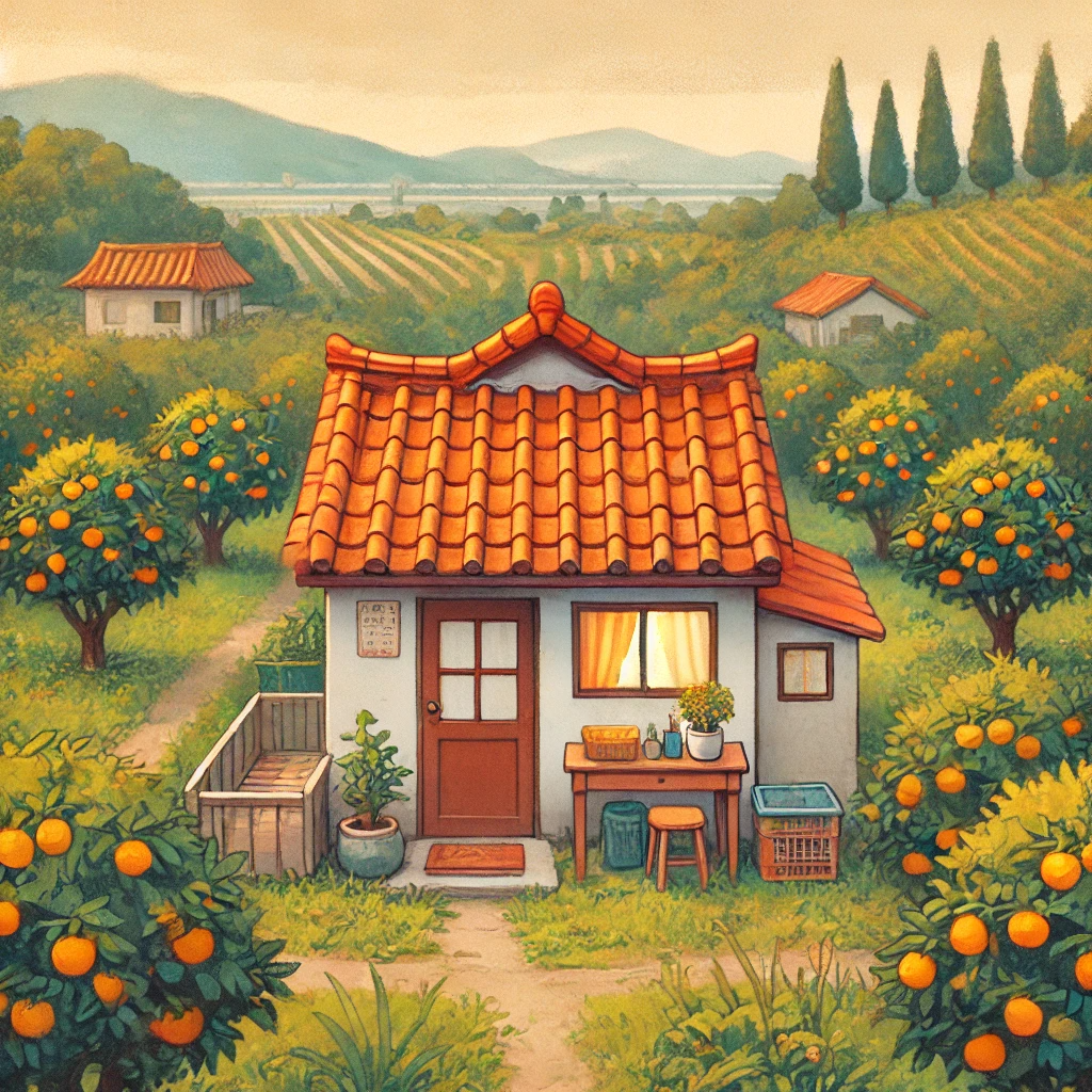 감귤나무로 둘러싸인 제주도의 아늑한 작은 펜션.