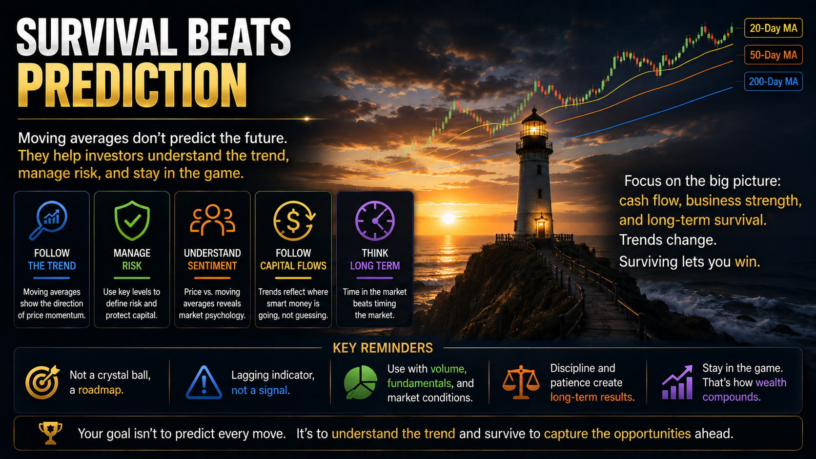 Long-term investing strategy using moving averages for trend analysis, risk management, capital flows, and investment survival.