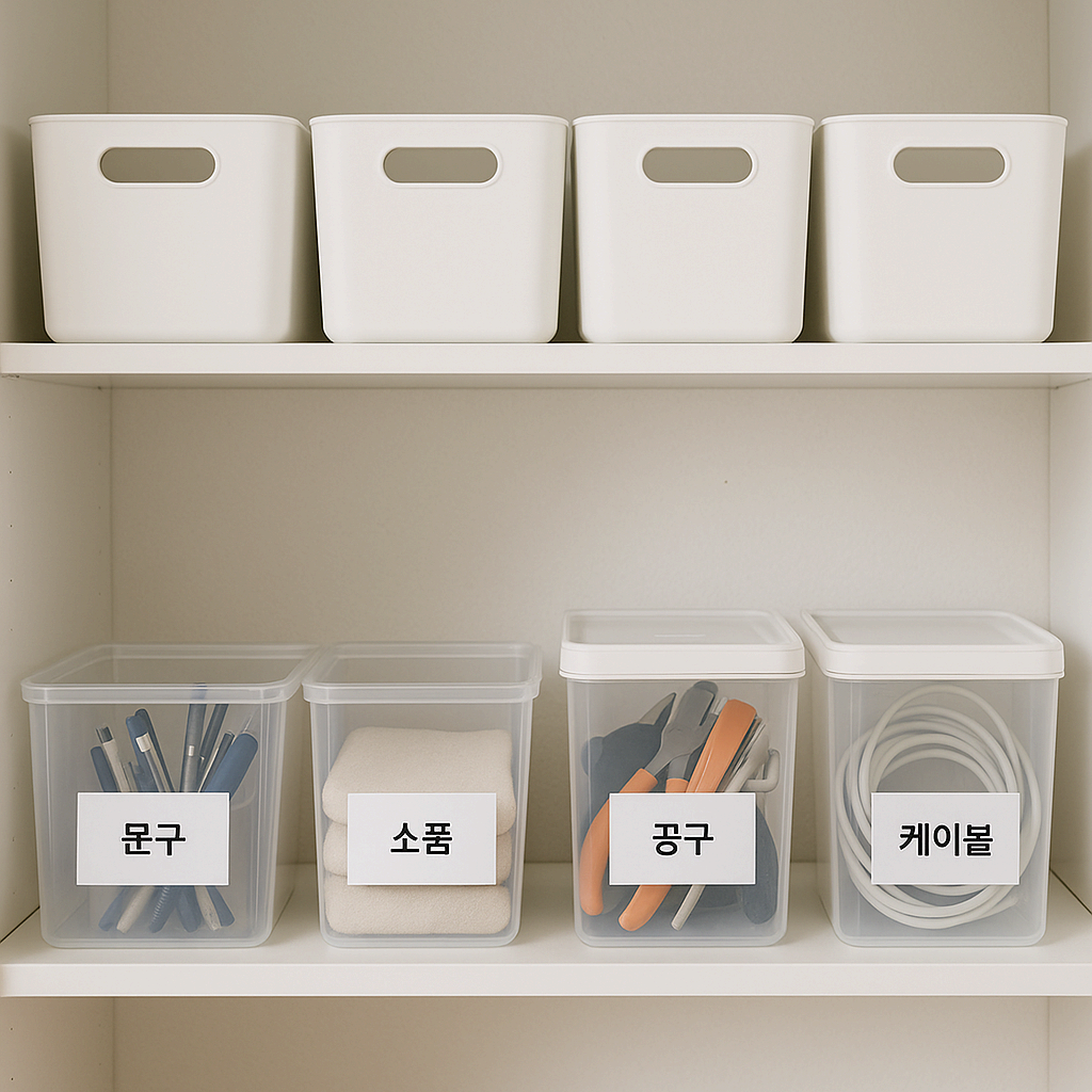 라벨링으로 정리된 수납함과 투명 용기