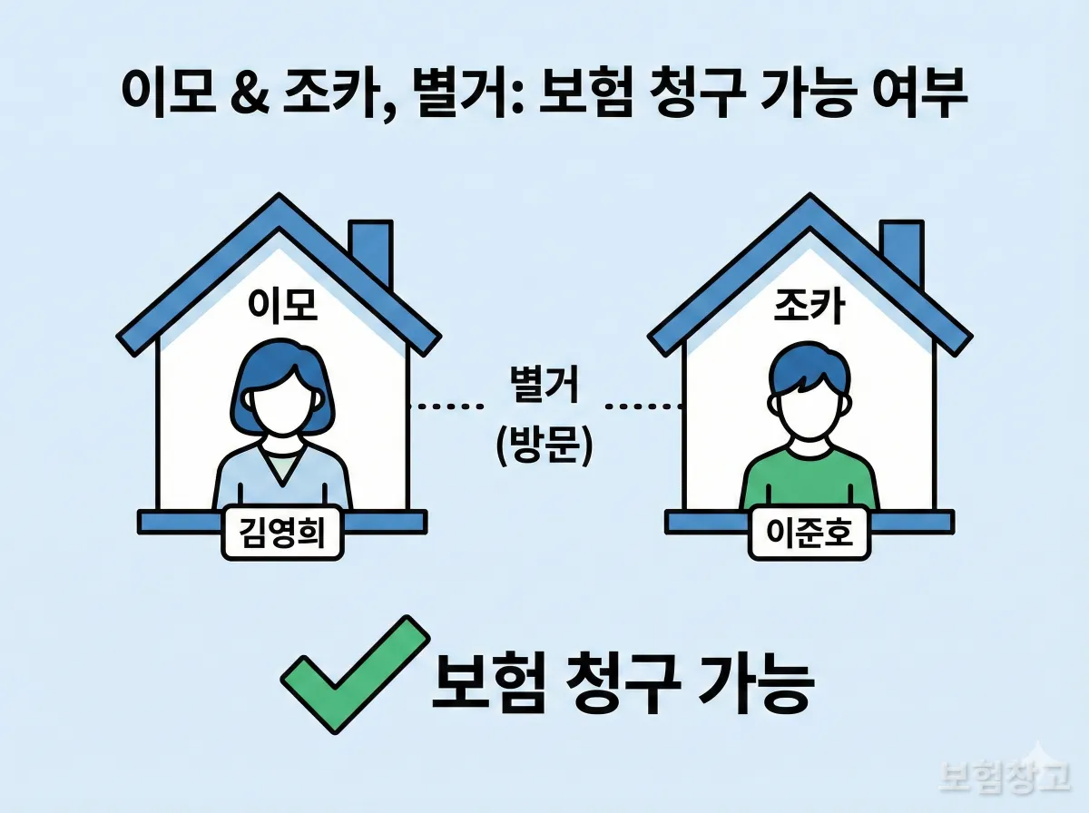 따로 사는 조카와 고모의 거주지 분리를 설명하는 일러스트, 보험 청구 가능 조건