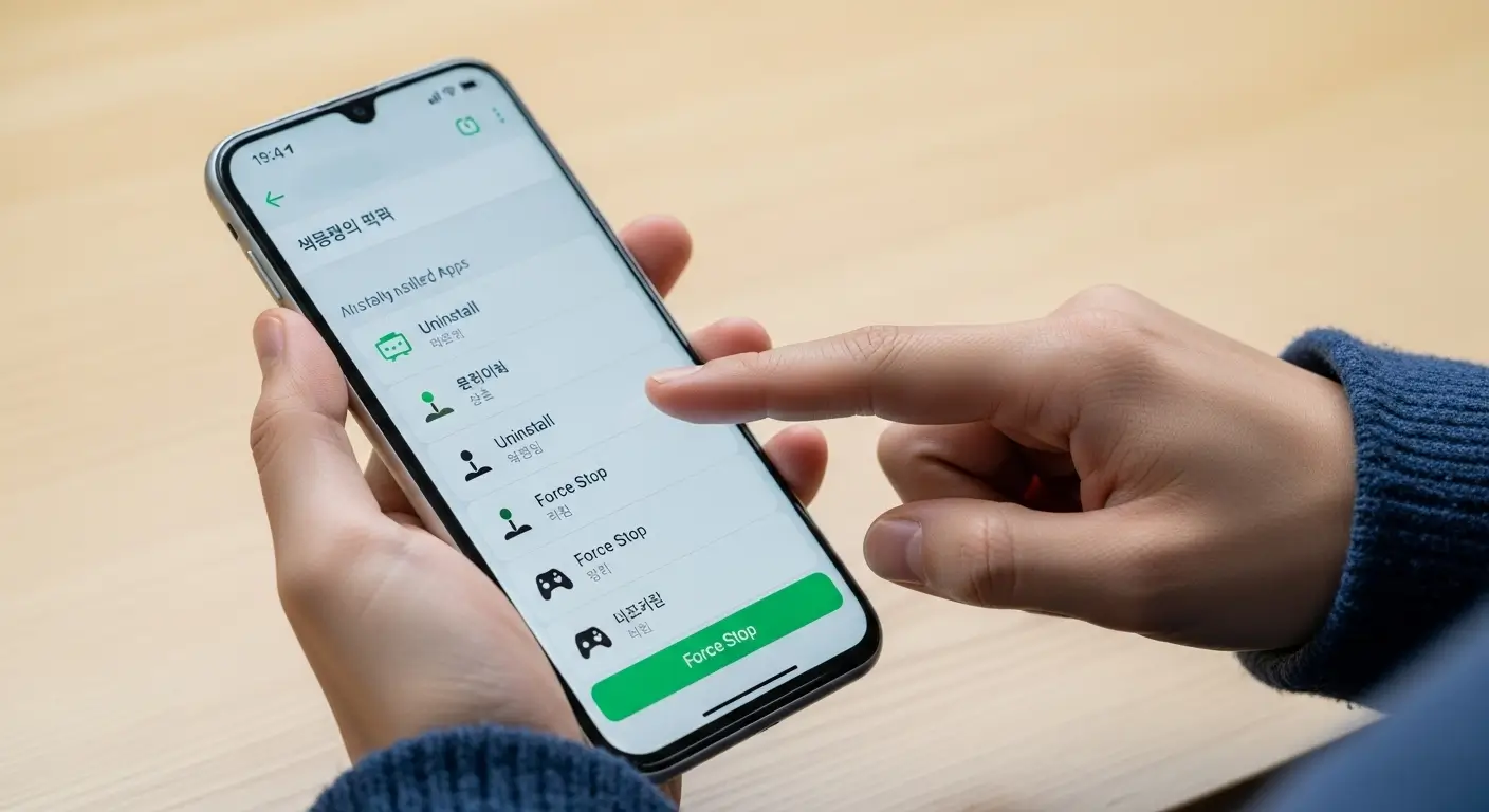 스마트폰 보안 설정 화면에서 '도청앱 확인' 오류의 원인이 되는 의심스러운 앱을 삭제중지하는 모습