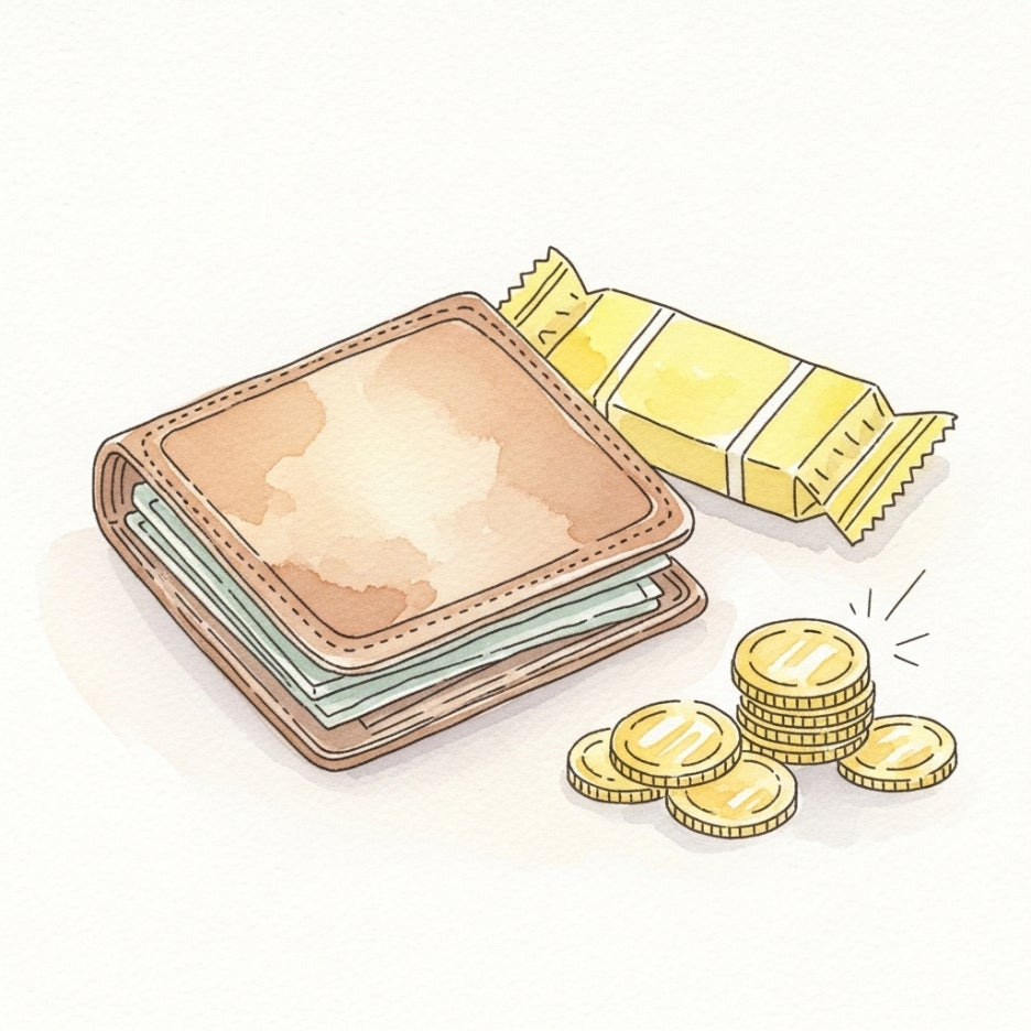 동전과 함께 놓인 노란색 과자 봉지