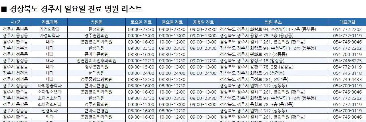 경주시-일요일-진료병원-리스트-예시