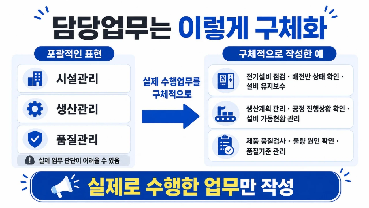 시설관리 생산관리 품질관리 같은 포괄적인 직무명을 실제 담당업무로 구체화하는 예시