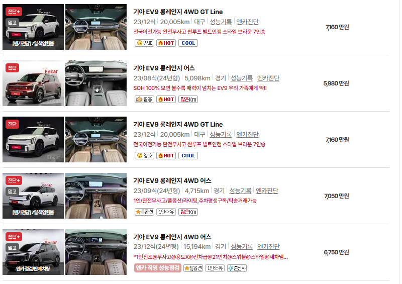 기아 EV9 중고차 가격 시세표 및 유지비