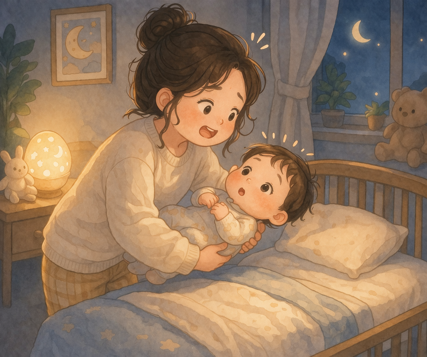 A mother carefully lowering a sleeping baby onto a bed while the baby suddenly opens its eyes wide, humorously capturing the classic challenge of the sleepy transfer.