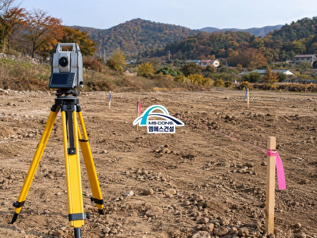 착공 전 빈 부지에 세운 측량기 삼각대와 말뚝 &mdash; 착공 전 측량으로 경계와 기준점, 규준틀을 정하는 장면