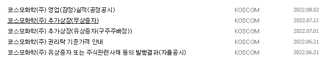 코스모화학 공시 목록