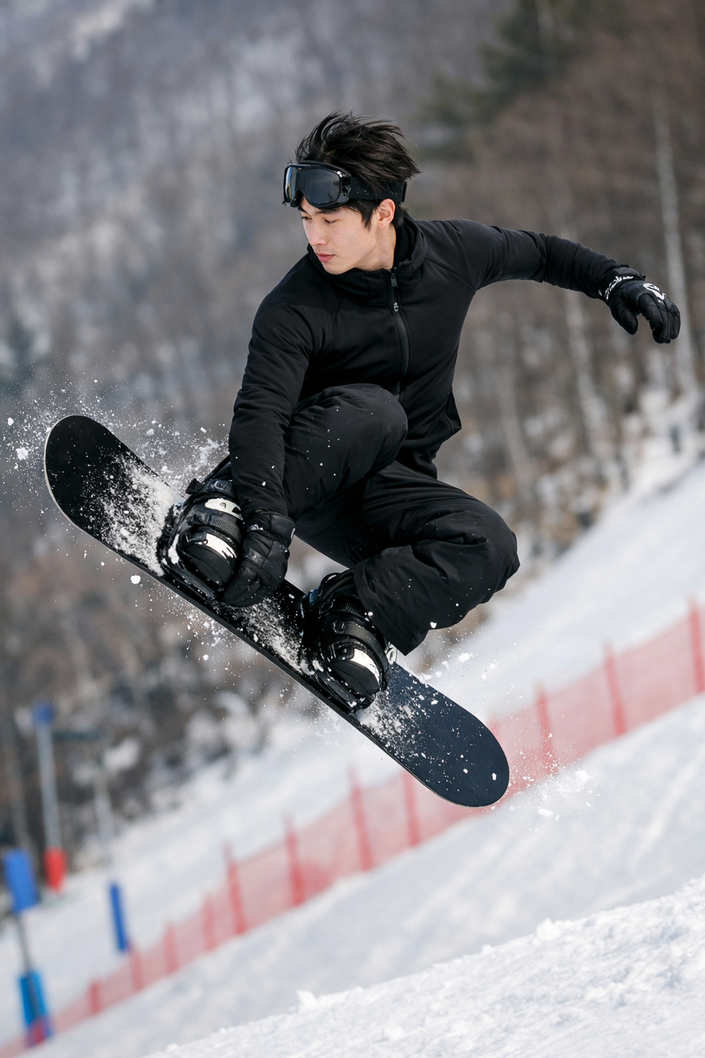 차준환 스타일의 날렵한 체형을 가진 동양인 스노보더가 훈련 중 스핀 기술을 연습하는 예시 이미지