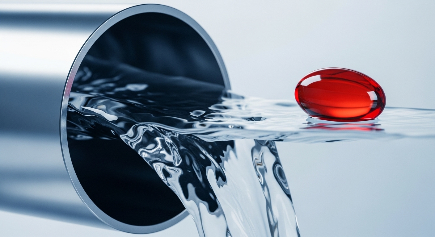 깨끗한 수도관을 흐르는 맑은 물과 붉은색 오메가3 캡슐이 대비되는 이미지