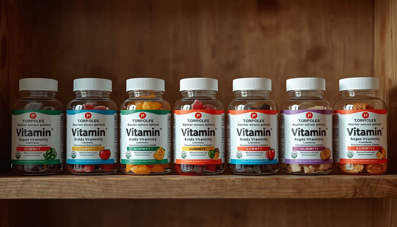 선반 위에 깔끔하게 정리된 다양한 형태의 어린이 영양제들
