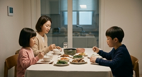 아들, 딸과 함께 저녁 식탁에 앉은 모습