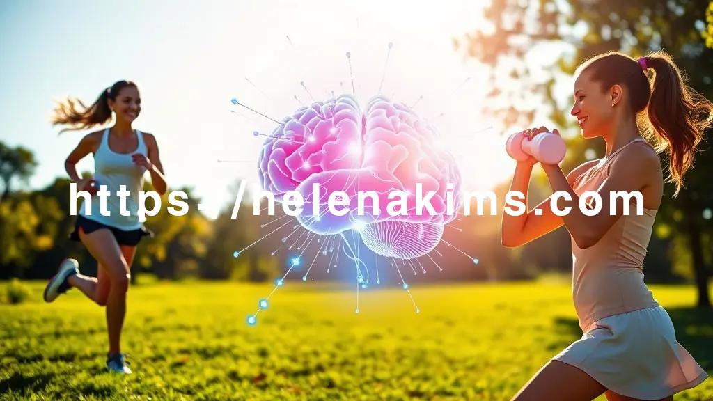 밝은 야외에서 활기차게 조깅하는 여성과 가벼운 아령으로 운동하는 여성의 모습. 이들의 움직임에서 시작된 에너지가 중앙의 선명하고 빛나는 인간 뇌 그래픽으로 흘러 들어가 뇌세포와 신경망이 활성화되는 모습.