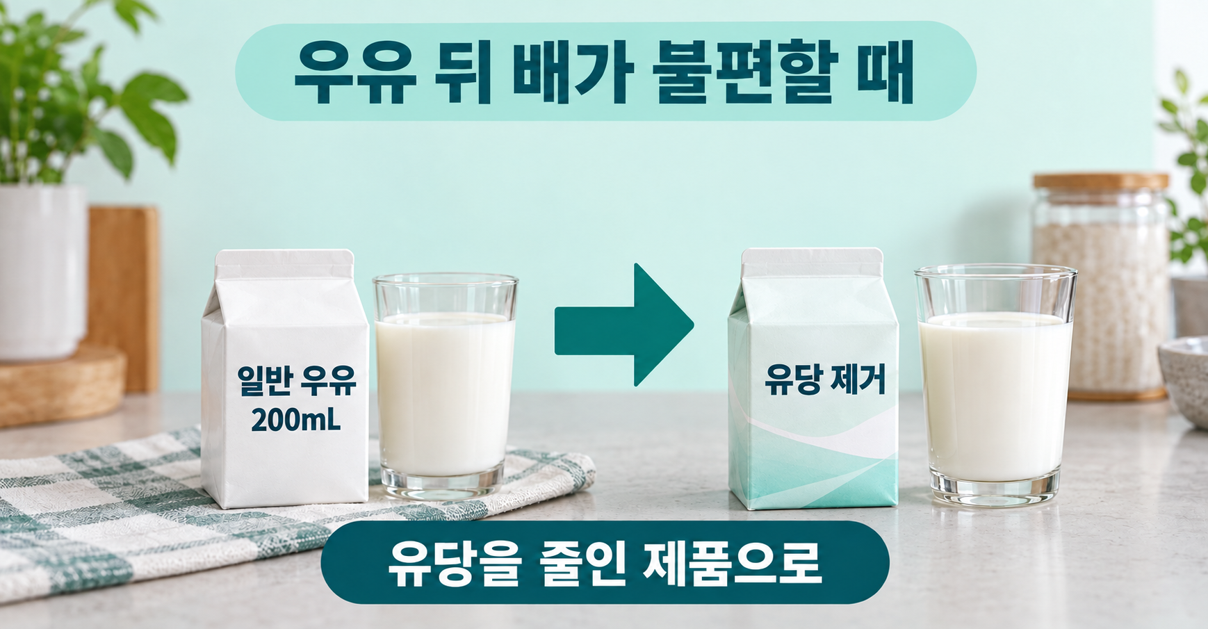 우유 실사 인포그래픽. 불편이 더해질 때: 일반 우유 200mL; 교체 예: 유당을 줄인 제품