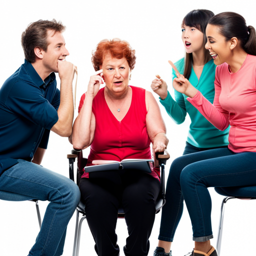 친구들과 대화를 나누는 사람의 모습. 친구들의 말을 따라 하기 어려워하는 모습