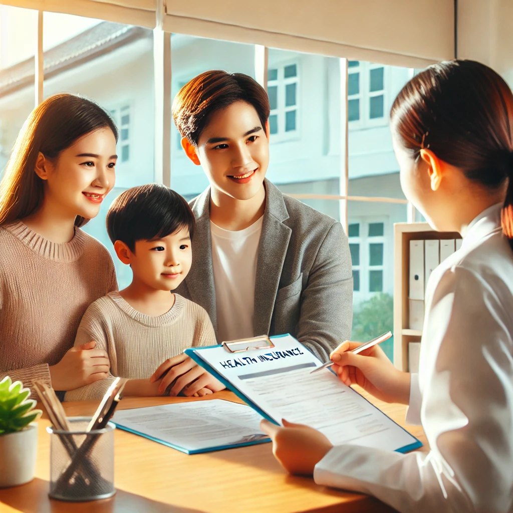 젊은 가족이 보험 상담을 받는 모습&amp;#44; 의료비 보장 강조