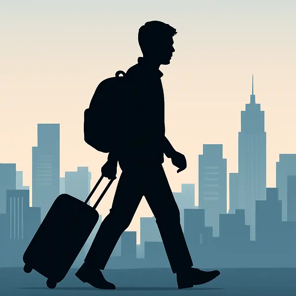 도시 배경 앞에서 짐을 싸서 떠나는 청년의 실루엣을 표현한 일러스트 이미지